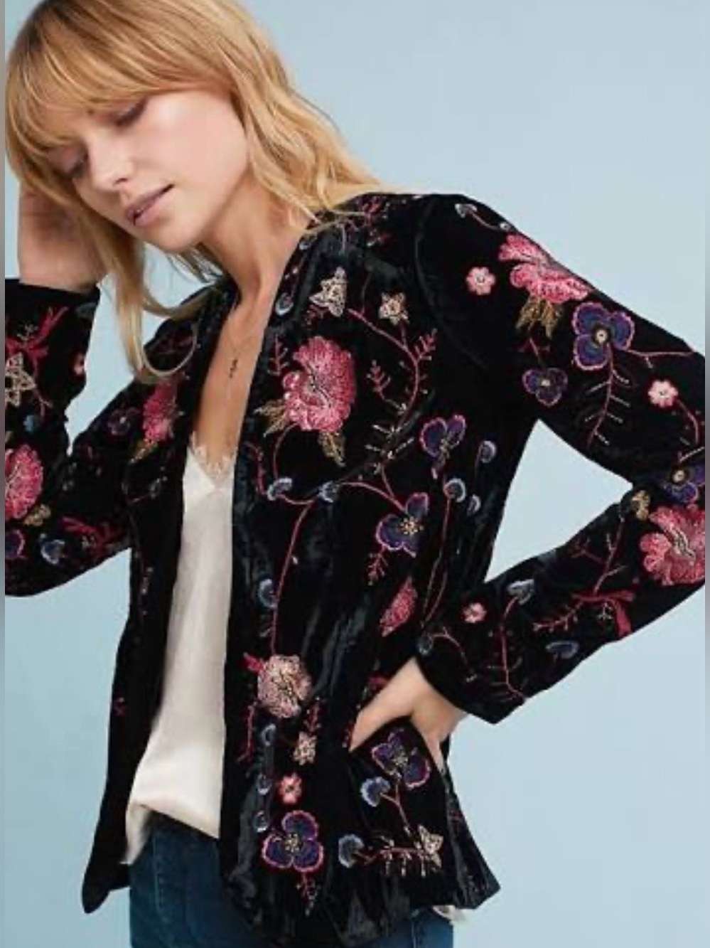 Anthropologie Black Velvet Blazer with Pink & Blue Floral Embroidery - Picture 1 of 6